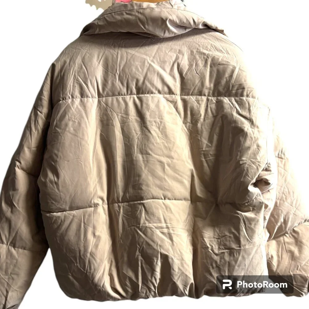 MEROKEETY Womens Winter Long Sleeve Zip Puffer Baggy Short Down Coat S Beige NWT
